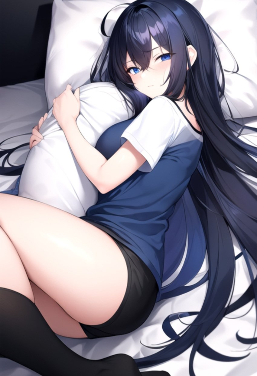 1girls ai_generated ai_hands artist_request black_hair black_socks blue_eyes bsd bungo_stray_dogs female izumi_kyouka_(bungo_stray_dogs) long_hair on_bed pillow socks solo solo_female t-shirt tagme