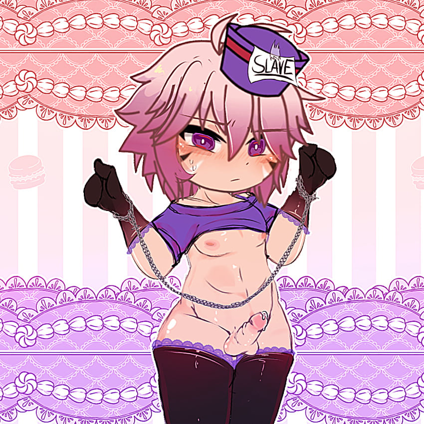 awnlord chained_arms femboy gacha gacha_club gacha_life high_thighs lifted_shirt light_skin long_socks looking_at_viewer male male_only pink_hair purple_eyes purple_hat red_pupils slave small_penis