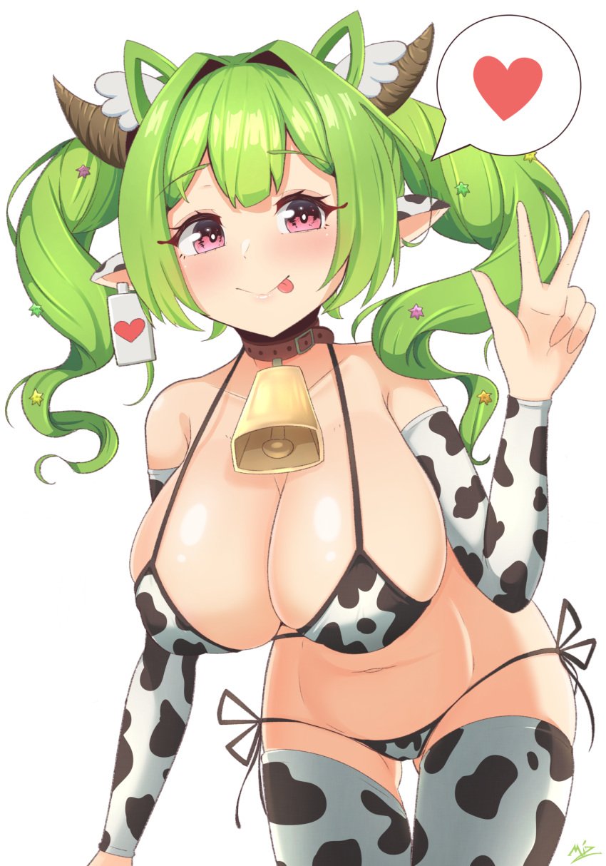 1girls :p animal_print bare_shoulders bikini blush breasts cleavage collar collarbone cow_print cow_print_bikini cow_print_sleeves cow_print_thighhighs cowbell curvy green_hair hair_between_eyes hair_ornament heart highres horns ichika_maia indie_virtual_youtuber large_breasts medium_hair mizmillificent navel pink_eyes pointy_ears print_bikini print_thighhighs signature smile string_bikini swimsuit thighhighs thighs tongue tongue_out twintails virtual_youtuber