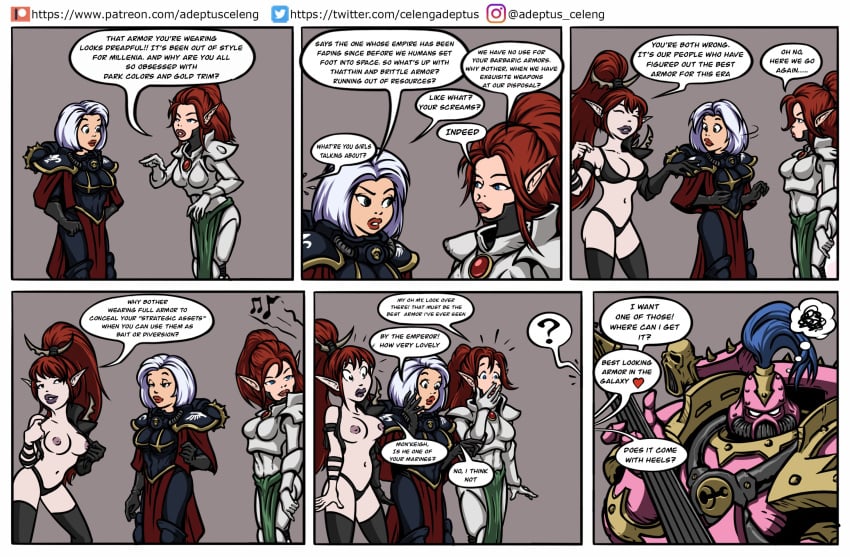 3girls adepta_sororitas adeptus_celeng armor blue_eyes bra chaos_(warhammer) chaos_space_marine cleavage comic comic_page dark_eldar drukhari eldar emperors_children english_text exposed_breasts instagram_username multiple_girls noise_marine panties patreon_username pointy_ears power_armor red_hair sister_of_battle stripping twitter_username undressing warhammer_(franchise) warhammer_40k white_hair