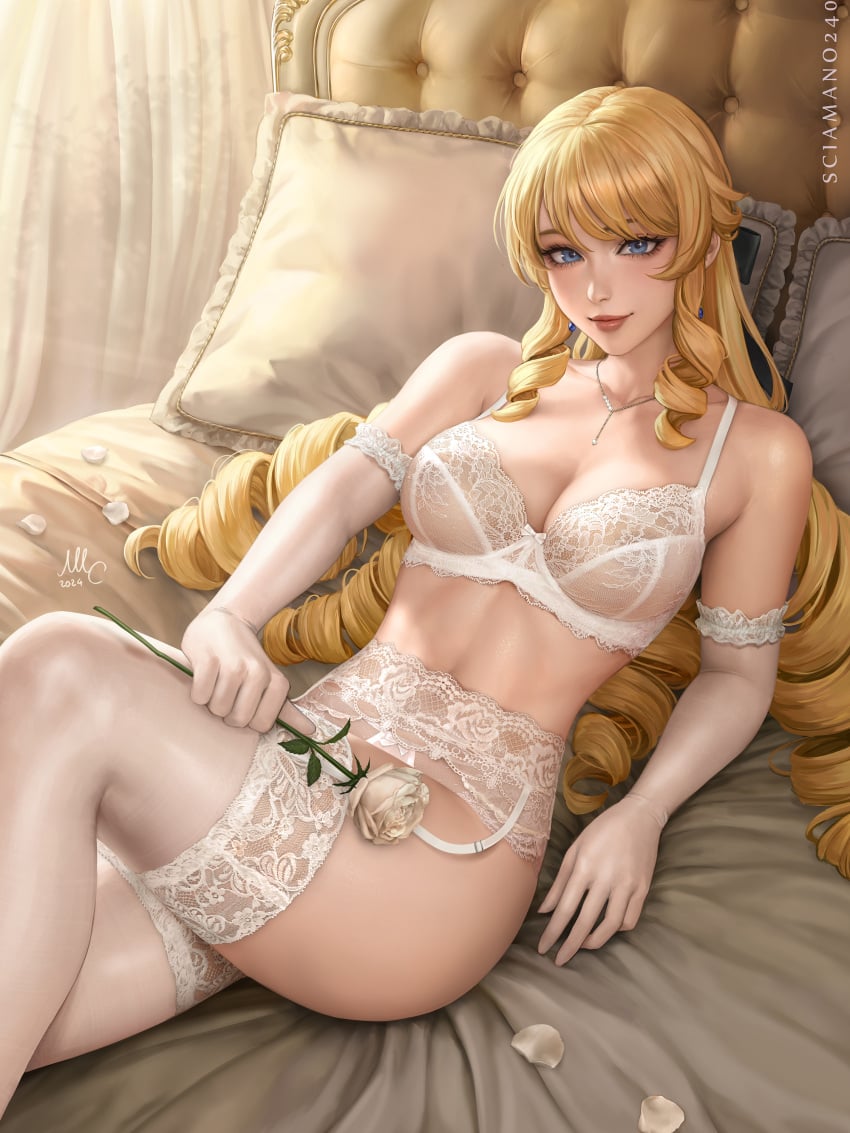 1girls absurd_res absurdres arm_length_gloves athletic athletic_female bangs bare_shoulders bed bedroom bedroom_setting blonde_hair blue_earrings blue_eyes bra cleavage crossed_legs curled_hair cute_face earrings female female_focus female_only fit fit_female flower garter_belt garter_straps genshin_impact gloves highres holding_flower holding_rose indoors lace lace-trimmed_bra lace-trimmed_garter_belt lace-trimmed_panties lace_trim legs legs_crossed light-skinned_female light_skin lingerie long_hair looking_at_viewer navia_(genshin_impact) necklace on_bed panties pillow rose rose_(flower) sciamano240 shiny_hair slim_girl slim_waist smile smile_at_viewer smiling solo solo_female solo_focus stockings stomach thick_thighs thighs underwear very_long_hair white_bra white_clothes white_clothing white_gloves white_lingerie white_panties white_rose white_stockings white_underwear