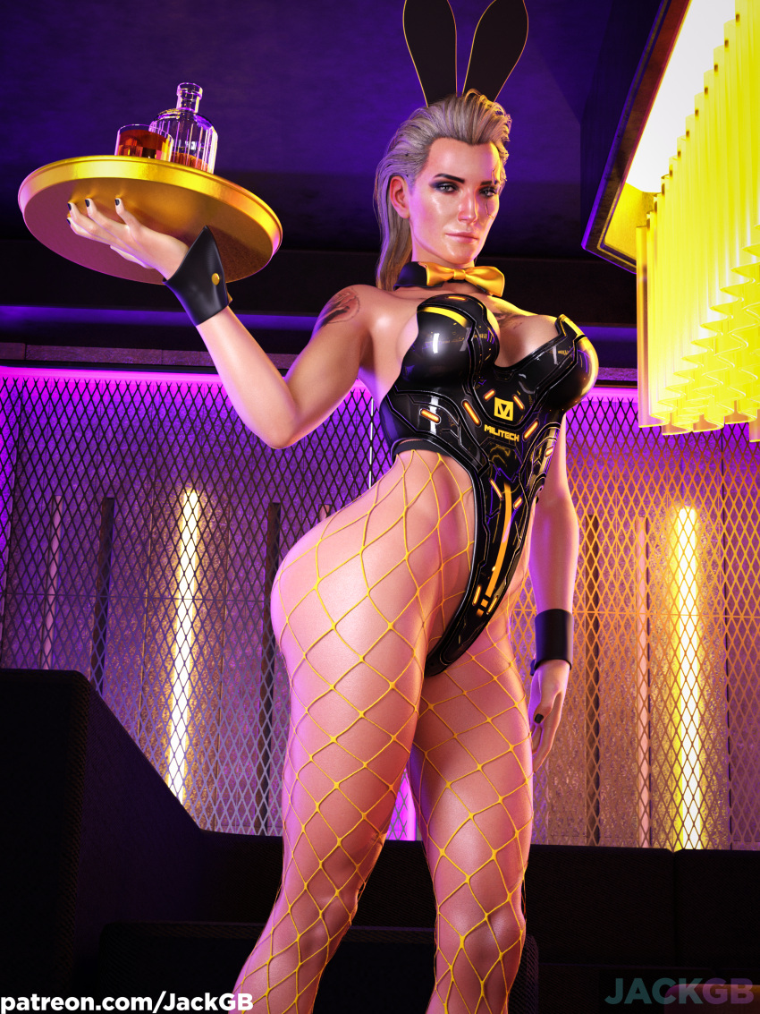 1girls 3d athletic athletic_female big_breasts black_clothing blonde_hair blue_eyes bodysuit breasts breasts bunny_ears bunny_girl bunnysuit cyberpunk_2077 daz3d eyebrows female_only fishnet fishnet_pantyhose gold_(metal) indoors jackgb lips medium_hair meredith_stout metallic_clothing no_sex parody science_fiction seductive seductive_look shiny_clothes shiny_skin smile solo standing tagme tattoo tattoo_on_chest tattooed_arm tattoos thighs waitress