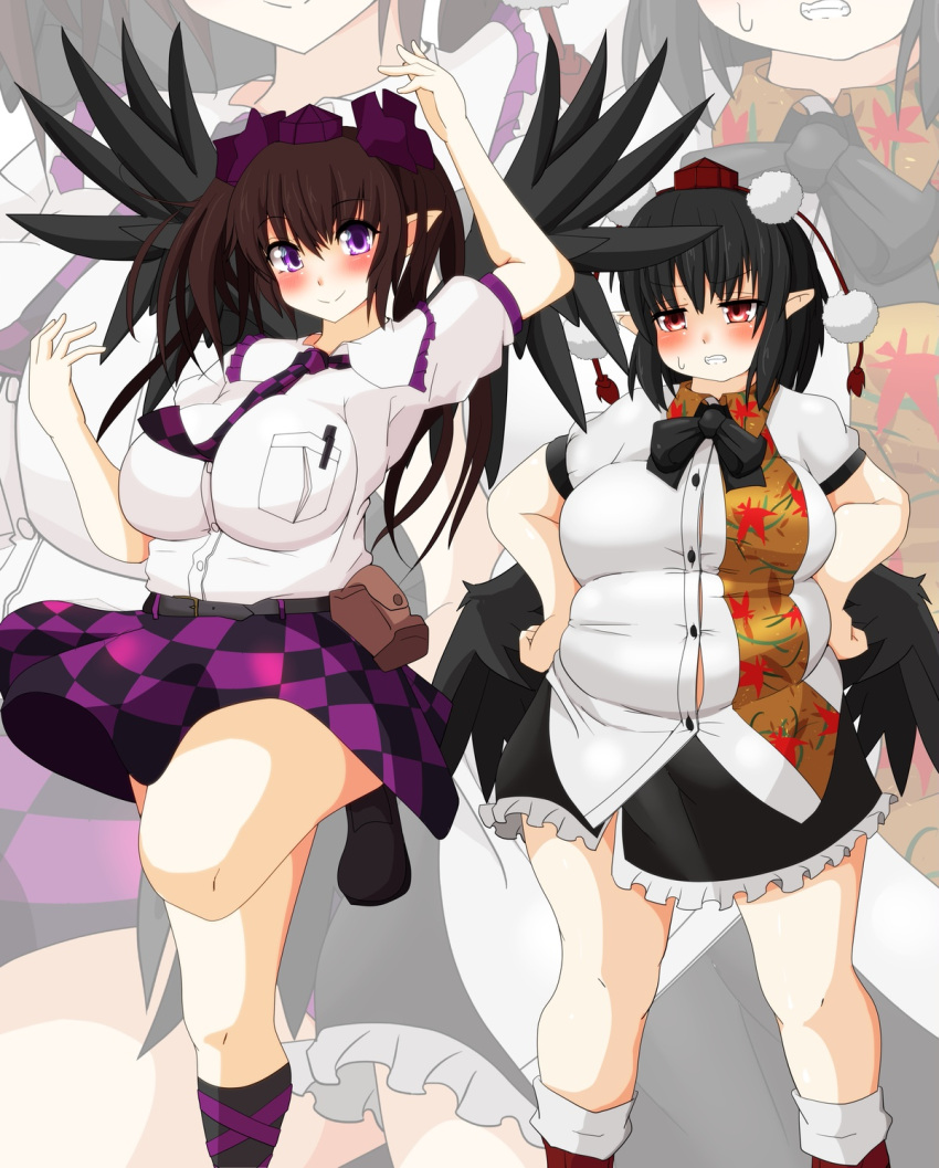 bbw belly_overhang big_belly big_female black_hair blush brown_hair chubby chubby_female embarrassed fat fat_ass fat_female fat_fetish fat_girl fat_woman fatty hatate_himekaidou large_female obese obese_female overweight overweight_female pig plump pork_chop pudgy_belly shameimaru_aya sweatdrop sweating tengu thick_thighs tight_clothes tight_clothing tight_fit touhou tubby weight_gain