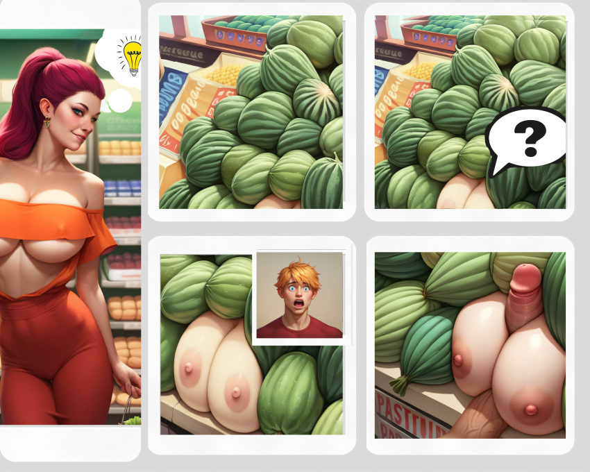 1boy 1girls ai_generated big_breasts big_penis bubble_speech cleavage comic_strip female fruits mobo4 paizuri public_sex red_hair shocked stable_diffusion supermarket