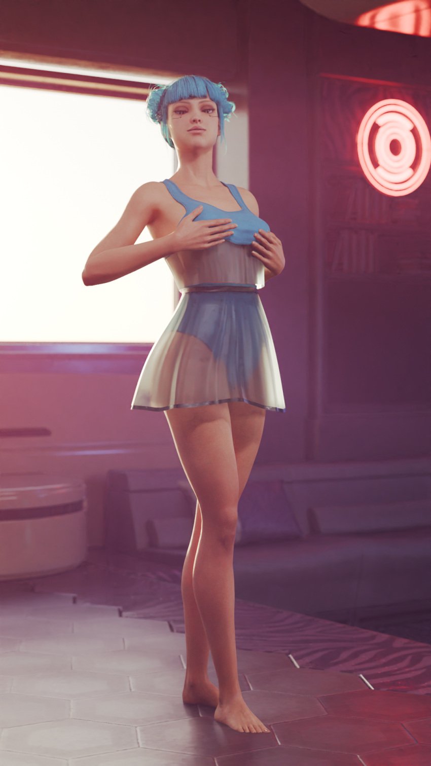 1girls 3d ass barefoot blue_hair blue_moon_(cyberpunk_2077) breasts clothed contracono cute cyberpunk cyberpunk_2077 dress female female_only grabbing_own_breast hair_buns light-skinned_female light_skin nervous revealing_clothes shy skirt small_breasts standing tagme tied_hair translucent_clothing us_cracks