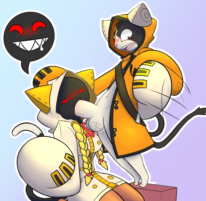 animal_humanoid anthro balls belt blazblue blush cat_humanoid clothed clothing duo erection feline fellatio female humanoid humanoid_penis incest jubei jubei_(blazblue) larger_female male mammal neko3240 open_mouth oral penis red_eyes sex simple_background smile straight taokaka video_games