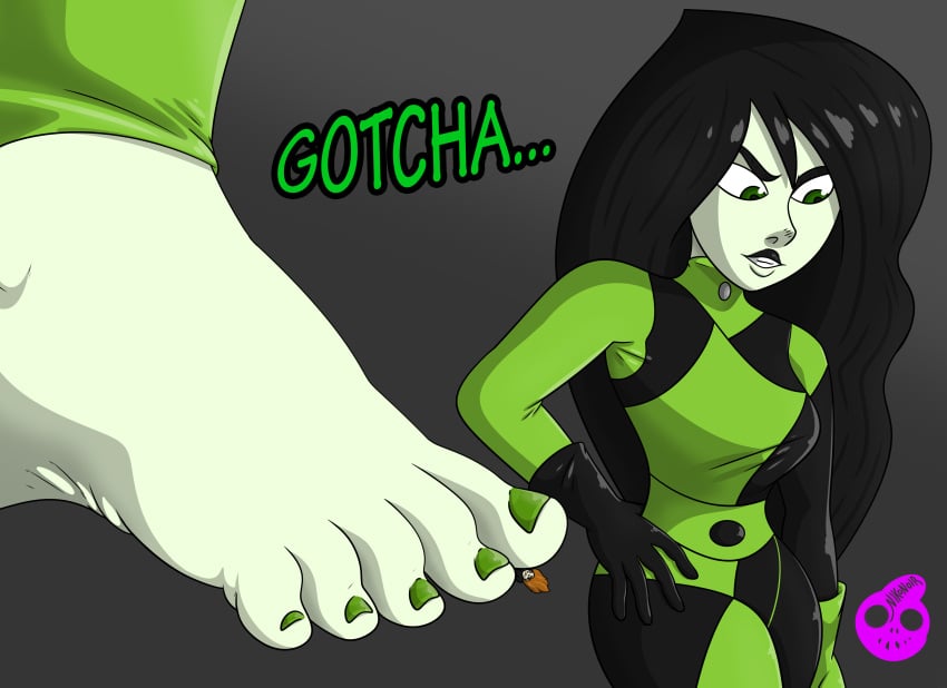 black_hair black_lipstick breasts disney disney_channel feet foot_crush giantess green_eyes green_toenails kim_possible leather nail_polish nikonoir pale_skin red_hair shego shrinking suit toes villain