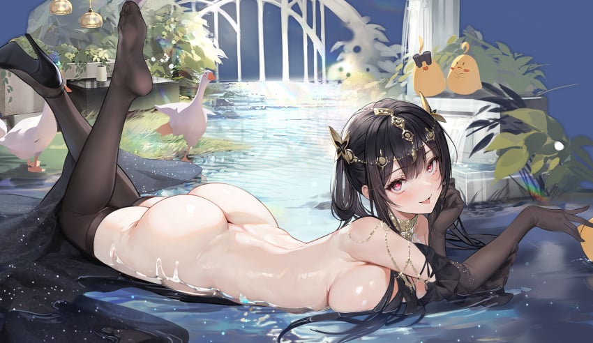 1girls anal ass azur_lane chen_hai_(azur_lane) dress gloves goose grass headgear heart_eyes high_heels legwear long_hair manjuu_(azur_lane) mofumochii necklace nipples nude stockings telescope tongue water