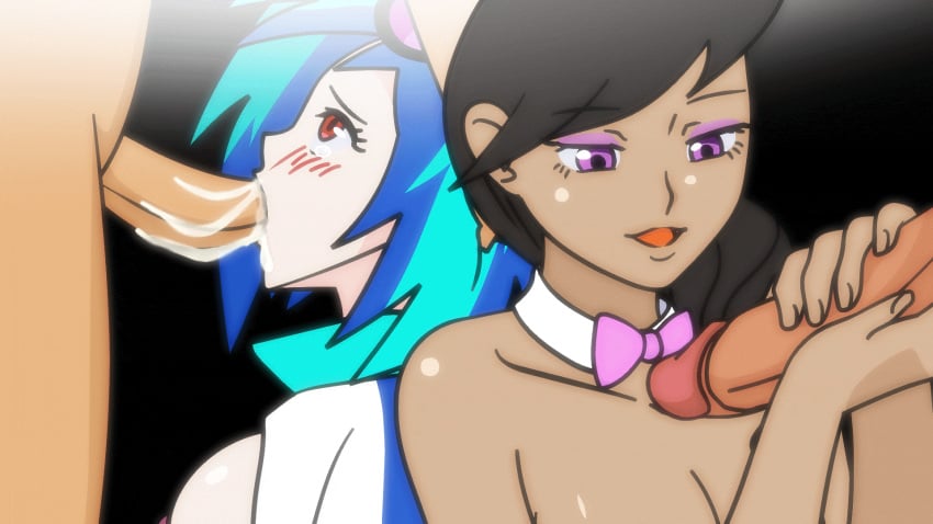 2girls animated big_breasts black_hair blowjob blue_hair blush blushing breasts collar cum cum_in_mouth cum_in_throat cum_on_breasts cum_on_face cumshot dark-skinned_female deepthroat dj_pon-3_(mlp) equestria_girls erection eyes_rolling_back fantasyblade fellatio foreplay friendship_is_magic gif glasses_on_head hand_on_head handjob hasbro humanized jacket light-skinned_female looking_at_partner my_little_pony naked nipples octavia_melody open_jacket oral penis purple_eyes purple_eyeshadow red_eyes sideboob two_tone_hair