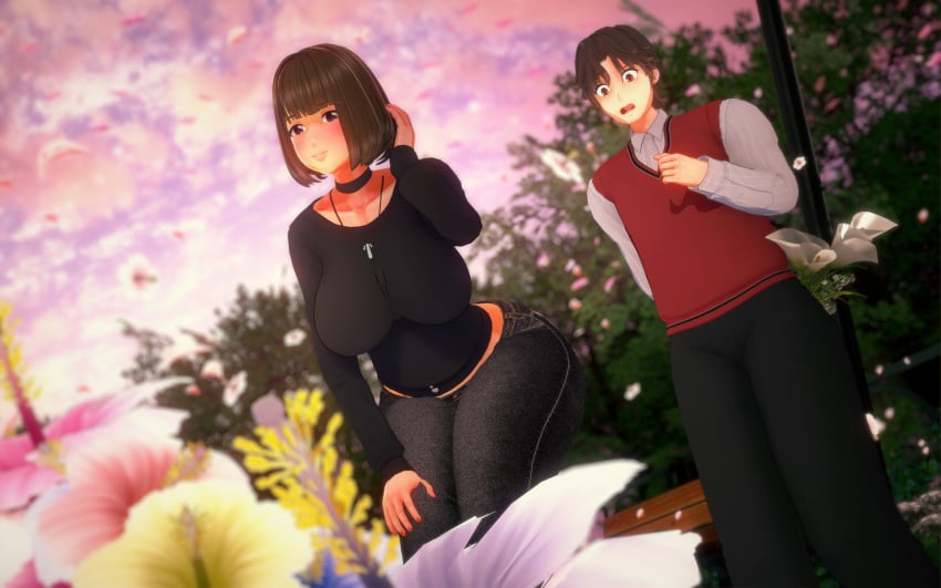 3d ass ass_awe big_ass cephalonwilzuki field flabbergasted flowers funny jeans koikatsu looking_at_another looking_at_ass looking_at_partner looking_down minami_suo_nami oc original original_character shocked shocked_expression surprised