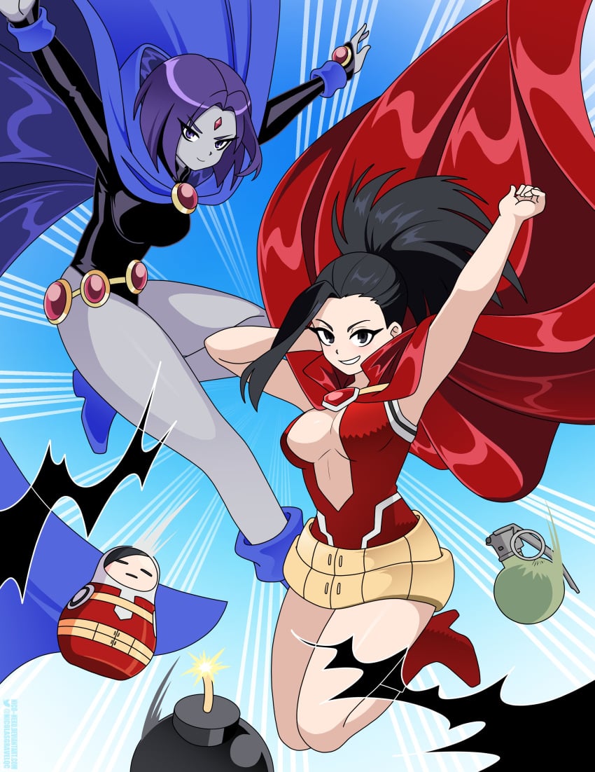 2girls asian asian_female black_hair cape cleavage cleavage_cutout creati crossover dc dc_comics eastern_and_western_character female_only grey_skin hero_outfit_(mha) japanese japanese_female legs light-skinned_female light_skin momo_yaoyorozu my_hero_academia nicolasgravelqc purple_hair rachel_roth raven_(dc) superheroine teen_titans thighs