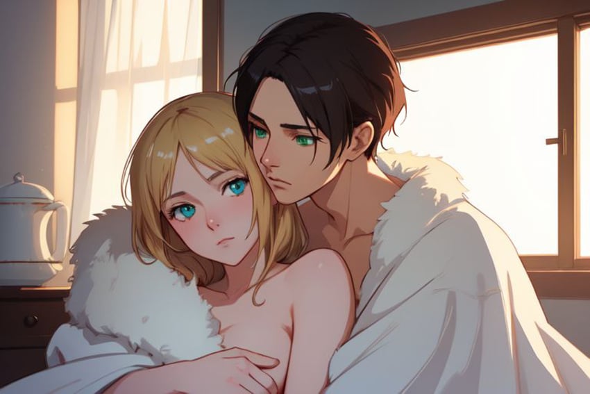 1boy 1boy1girl ai_generated arm_around_shoulders attack_on_titan bedroom blonde_hair blue_eyes breasts cold couple_(romantic) cozy curtains dark_brown_hair erehisu eren_jaeger female fur_blanket furniture green_eyes hand_covering_breasts historia_reiss huddled_together illustration looking_at_partner pitcher shingeki_no_kyojin window