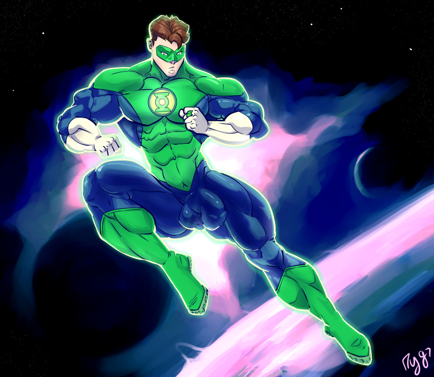 1boy bara big_bulge bulge clothing dc dc_comics green_lantern green_lantern_(series) hal_jordan huge_bulge male male_focus male_only muscular_male mygetawayart penis_outline solo_male tight_clothing