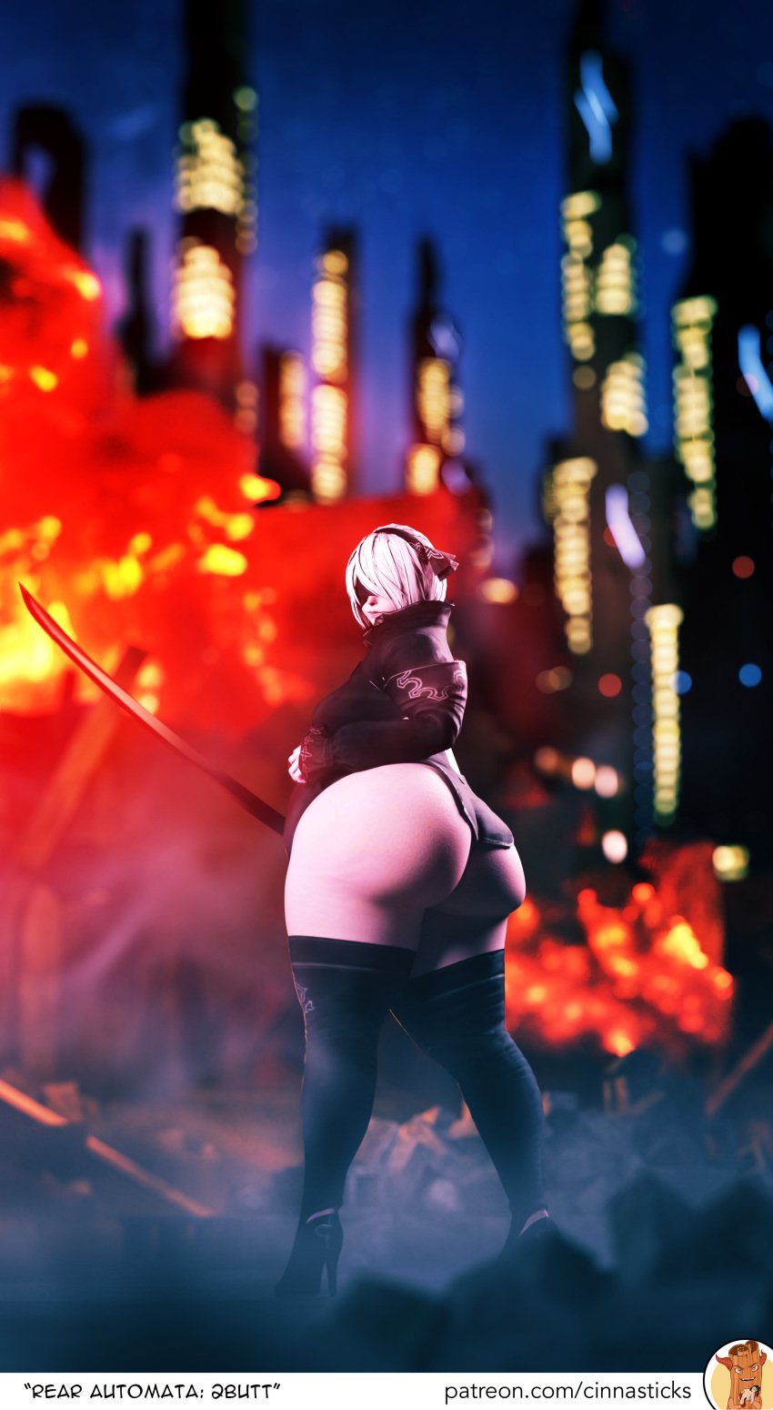 1girls 3d ass bbw belly big_ass big_belly blindfold breasts chubby cinnasticks clothing fat female hairband huge_ass light-skinned_female light_skin nier nier:_automata obese overweight short_hair standing thick thick_thighs thighhighs white_hair yorha_2b