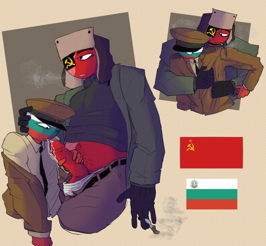 2boys black_eyes blowjob bulgaria_(countyhumans) cigarette cigarette_smoke clothed clothed_sex cold_war communism countryhumans cum cum_on_face cumming eye_closed eyebrows eyepatch flag flags gay gay_sex gloves green_skin gripping gripping_cock holding holding_head holding_partner holding_partner's_penis holding_penis hugging hugging_from_behind licking licking_penis male male/male male_focus male_only oral_sex pastabeer people’s_republic_of_bulgaria_(countryhumans) prb_(countryhumans) quivering_lips red_skin russian scar shaved_crotch slavic smirk smirking_at_partner smoke smoking soviet_union_(countryhumans) sweatdrop unbuckled_belt uniform ushanka white_skin