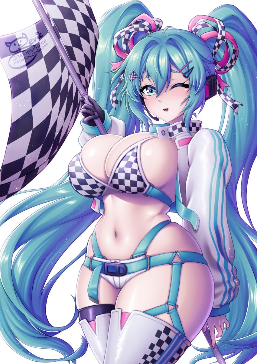 1girls alternate_breast_size aqua_eyes aqua_hair breasts cleavage female female_only fully_clothed goodsmile_racing hatsune_miku high_resolution huge_breasts light-skinned_female light_skin long_hair race_queen racing_miku revealing_clothes sevie skimpy_clothes stockings tight_clothing twintails vocaloid