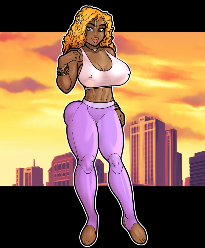 1girl 1girls 2024 cassie_starr dark-skinned_female dark_skin female freckles light-skinned_female light_skin looking_at_viewer mikewolf420 nose_piercing pinup rabies-t-lagomorph solo sports_bra stirrup_legwear toeless_legwear yellow_hair yoga_pants