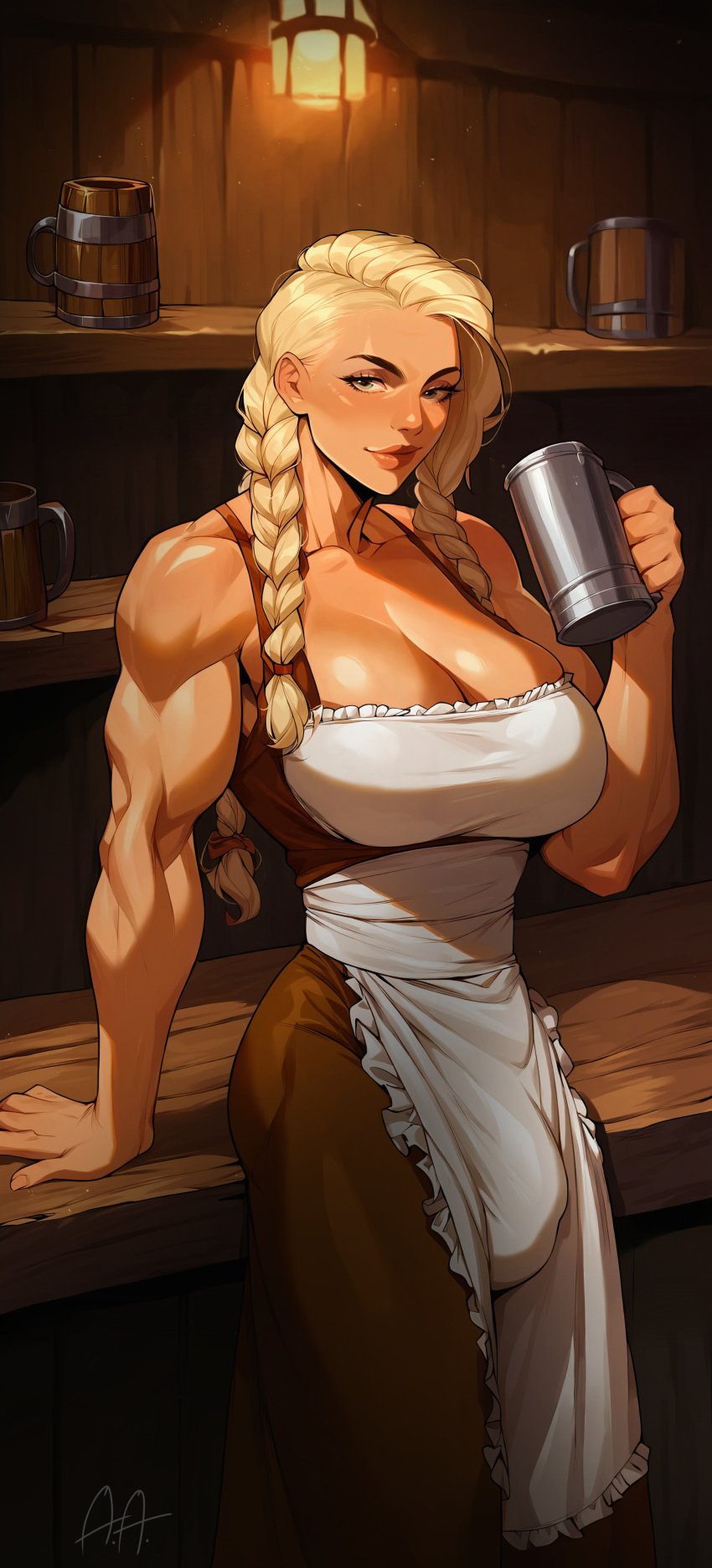 1futa 1futanari 1newhalf ai_generated alcohol apron artificialanaleptic bar_(place) bare_shoulders beer beer_mug biceps blonde_hair blue_eyes braid breasts bulge bulge_through_clothing cleavage clothing counter cup dirndl dress drink eyeshadow female female_only fingernails frilled_apron frills genital_outline hair_over_shoulder holding holding_cup huge_breasts indoors large_breasts lips long_dress long_hair looking_at_viewer low_twin_braids makeup mug muscle muscular_female muscular_futanari nose penis_outline penis_through_clothes penis_under_clothes signature smile solo standing tavern tied_hair twin_braids waist_apron white_apron