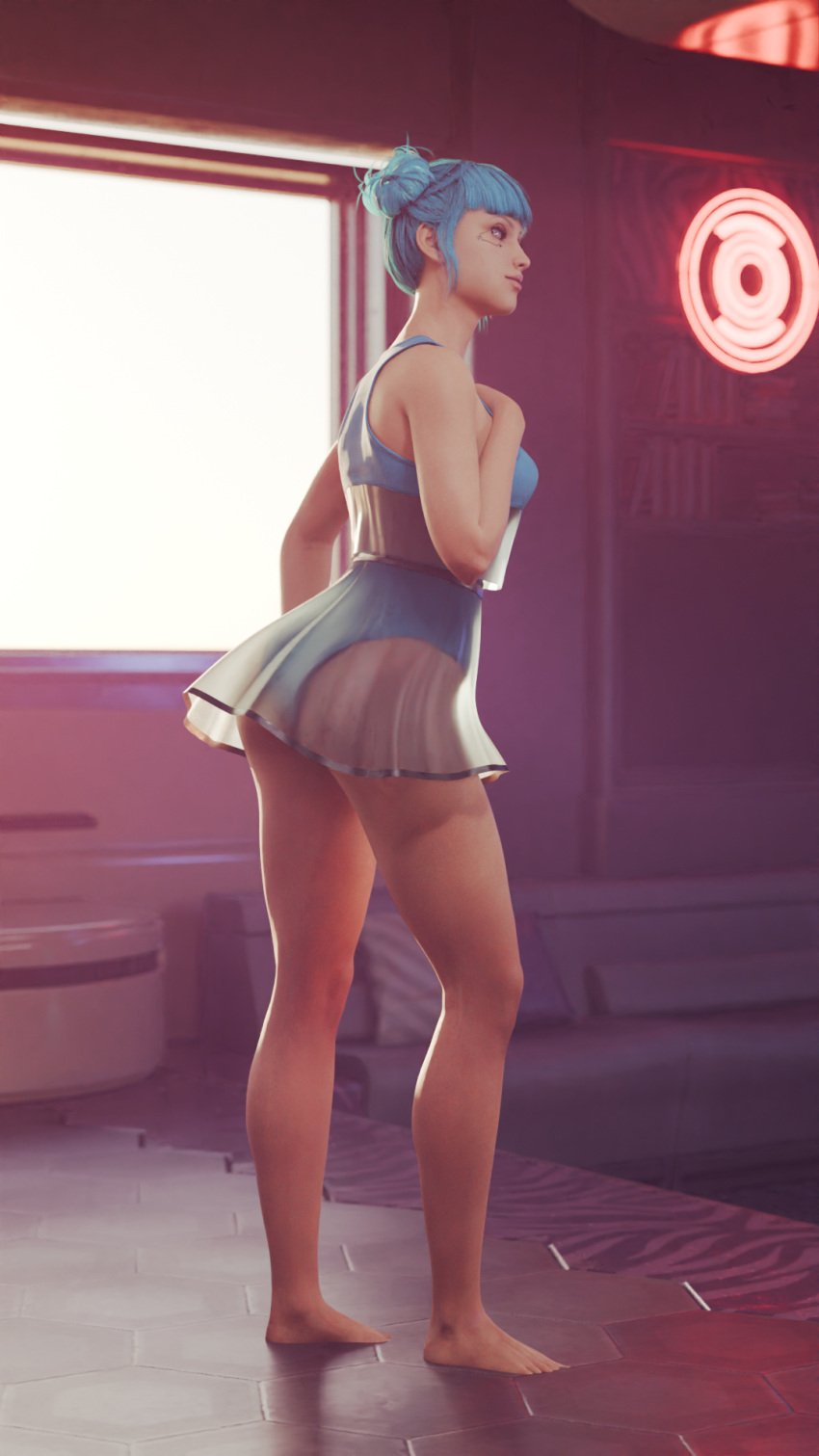 1girls 3d ass barefoot blue_hair blue_moon_(cyberpunk_2077) breasts clothed contracono cute cyberpunk cyberpunk_2077 dress female female_only grabbing_own_breast hair_buns light-skinned_female light_skin nervous revealing_clothes shy skirt small_breasts solo standing tagme tied_hair translucent_clothing us_cracks