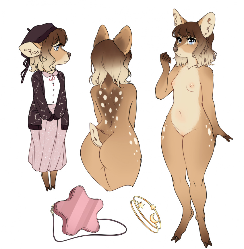 anthro ass beret biped breasts clothed clothing countershade_fur countershade_tail countershade_torso countershading deer female fingers fur genitals hair hat headgear headwear hi_res hooves inner_ear_fluff mammal model_sheet new_world_deer nude pudu pussy scut_tail short_tail simple_background small_breasts solo tail tuft viskasunya white_background