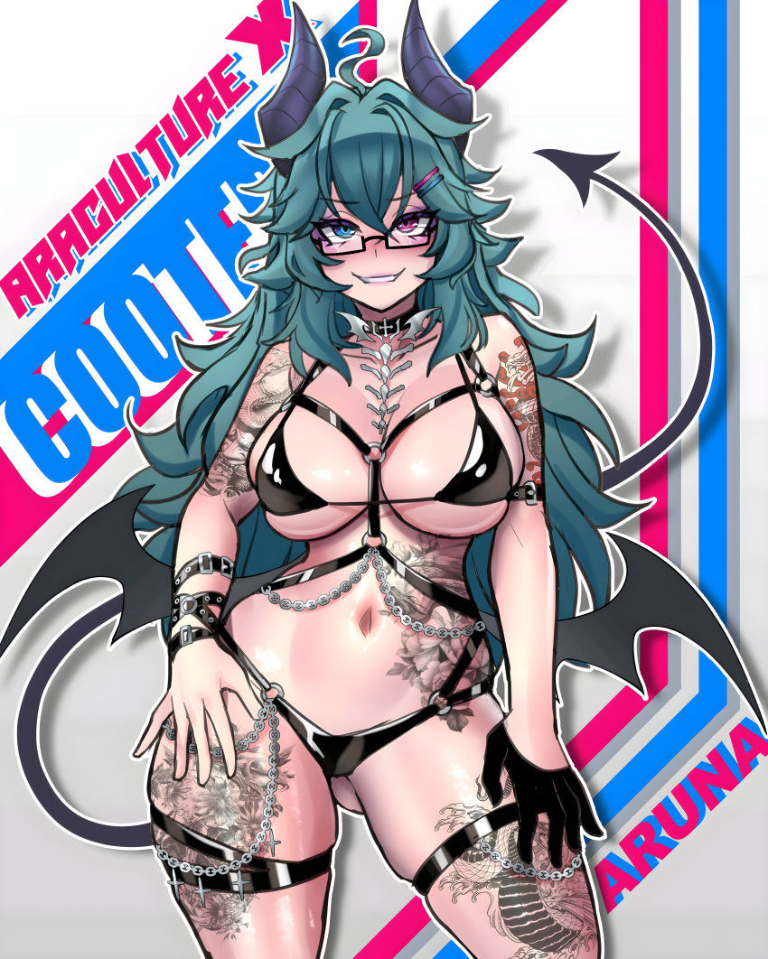 aruna_reaver big_breasts big_thighs bikini bitting_lip black_bra black_glove black_panties blue_eyes blush blushed blushing blushing_at_viewer bones bra_connects_through_panty breasts chains chains_on_bra collar cooterzi demon_girl demon_horns demon_tail demon_wings female female_only glasses green_hair heterochromia hi_res high_resolution horny indie_virtual_youtuber long_hair looking_at_viewer mommy red_eyes succubus tattoo tattoo_on_belly tattoo_on_legs tattooed_arm tattooed_arms thighs underwear upscaled virtual_youtuber vtuber vtuber_request vtuberfanart