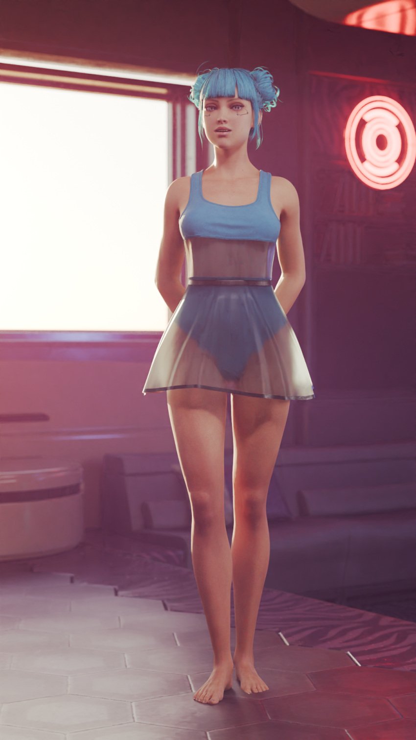 1girls 3d ass barefoot blue_hair blue_moon_(cyberpunk_2077) breasts clothed contracono cute cyberpunk cyberpunk_2077 dress female female_only grabbing_own_breast hair_buns light-skinned_female light_skin nervous revealing_clothes shy skirt small_breasts standing tagme tied_hair translucent_clothing us_cracks