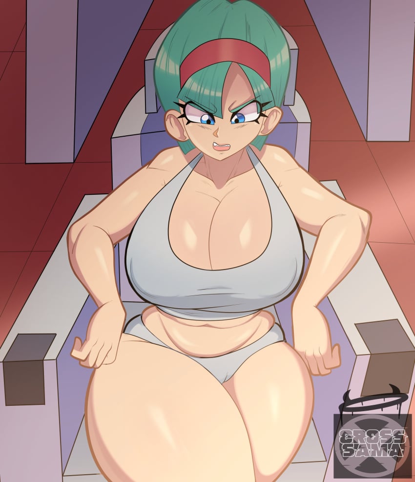 1girls big_breasts blue_eyes blue_hair bra bulma_briefs bulma_briefs_(frieza_saga) bulma_redraw_challenge_(meme) cleavage cross_samax dragon_ball dragon_ball_z female female_only headband large_breasts navel panties sitting sitting_on_chair solo solo_female solo_focus thighs wide_hips