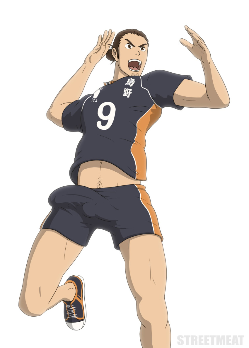 1boy azumane_asahi big_bulge bulge clothing erection_under_clothes haikyuu!! huge_bulge male male_focus male_only muscular_male penis_outline solo_male streetmeat tight_clothing