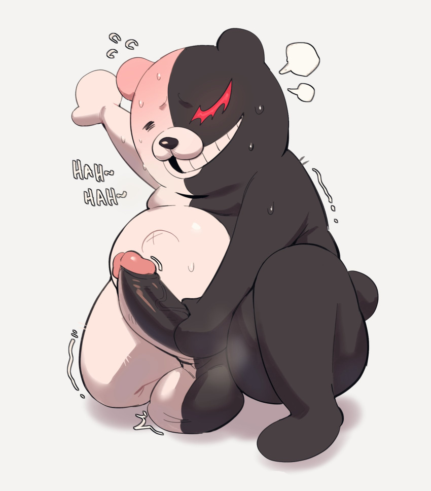 2024 anthro balls bear belly black_and_white_fur blushing_profusely bodily_fluids danganronpa genetic_chimerism genitals hi_res kneeling looking_pleasured male mammal masturbation moan monokuma musk musk_clouds musky_balls navel outie_navel overweight overweight_male penile penile_masturbation roseonapot saggy_balls shaking short short_stack smile solo spike_chunsoft split_color sweat teapot_(body_type) tremble_spikes trembling