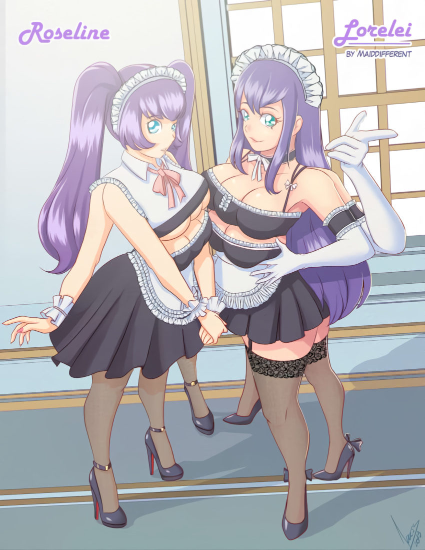 2girls 3_legs 4_arms 6_breasts accessworld blue_eyes boob_window maid multi_arm multi_breast multi_leg multi_limb purple_hair thighhighs