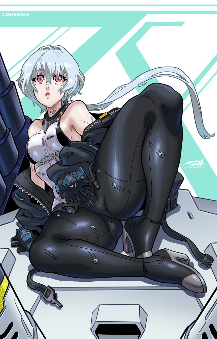 1girls cyberpunk darkereve female female_only heels hi_res long_hair noir_(synduality_noir) red_eyes sitting solo synduality_noir thick_thighs white_hair