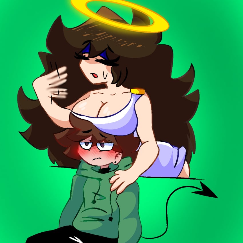 annoyed ari ariana ariana_lol bare_shoulder big_hair blush blush_lines blushing blushing_profusely breast_rest breasts_on_head brown_hair couple dark_hair drawing embarrassed embarrassed_male excited female flustered fnf fnf_oc fnf_ocs friday_night_funkin glowing_halo green_background green_hoodie green_screen halo heavy_blush hood_down hoodie huge_hair hyperventilating kan3334 love male messy_hair nacho oc ocs purple_eyes shorter_male sitting sitting_down size_difference smaller_male solid_color_background spade_tail sweatdrop taller_female teasing the_nachogamer traced yellow_halo