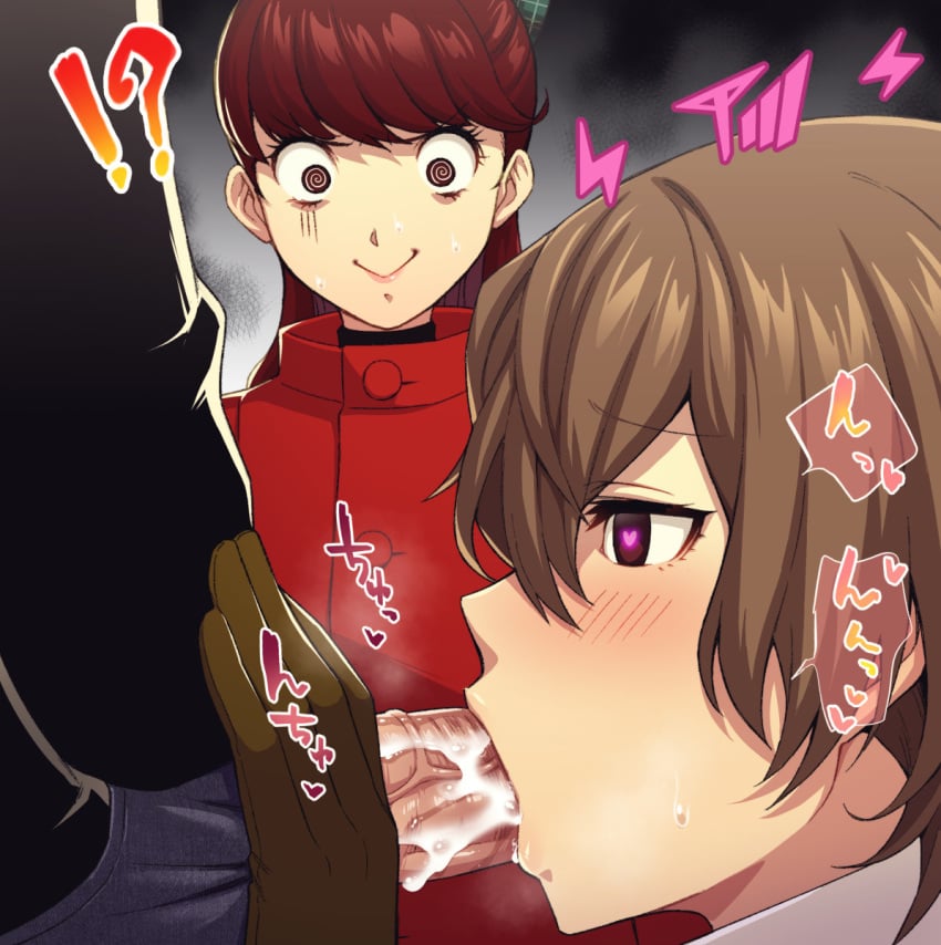 !? 2boys :> @_@ amamiya_ren black_shirt blush brown_hair commentary_request cum eyelashes fellatio female from_side gloves glowing_pupils goro_akechi hair_between_eyes heart heart-shaped_pupils highres hypnosis kasumi_yoshizawa large_penis mind_control multiple_boys oral penis persona persona_5 profile red_eyes red_hair ren_amamiya shirt short_hair sound_effects speech_bubble spoken_heart steam sumire_yoshizawa symbol-shaped_pupils teba_motoko translation_request veins veiny_penis voyeurism wide-eyed yaoi yaoi_with_female_audience