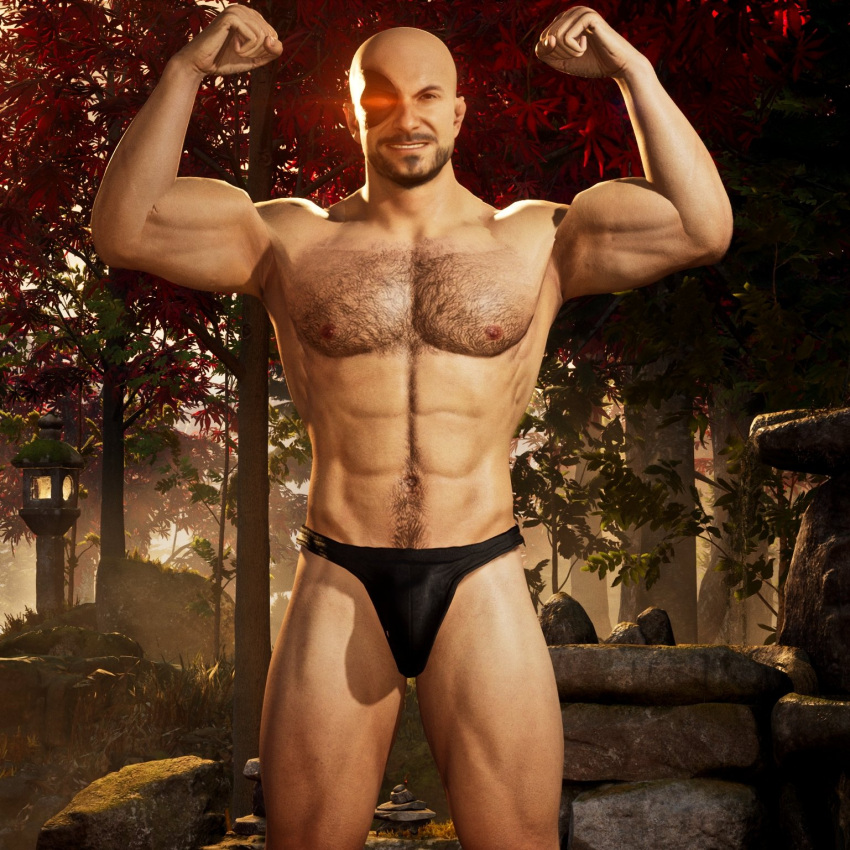 1boy 1human 1male 3d 3d_(artwork) 3d_model bald bald_man black_thong bulge flaccid hairy hairy_chest hairy_male happy_trail kano_(mortal_kombat) lewis_luke light-skinned_male light_skin male male_focus male_only manly mortal_kombat mortal_kombat_1_(2023) muscles muscular muscular_male netherrealm_studios obstructed_eye scantily_clad solo solo_focus solo_male