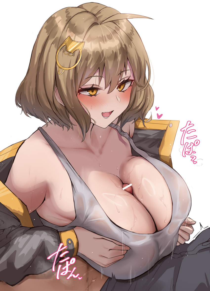 1boy 1girls anime anis_(nikke) breasts brown_eyes brown_hair censored clothed_paizuri female goddess_of_victory:_nikke hi_res huge_breasts light-skinned_female light_skin male paizuri satou_aji shirt tank_top titjob