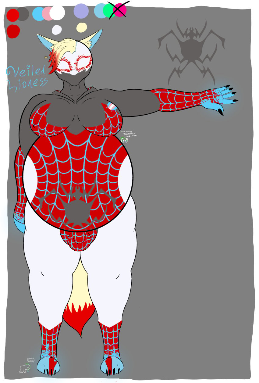 absurd_res anthro bioluminescence bodysuit breasts bulge canid canine clothing color_swatch demon-spider digitigrade erect_nipples fan_character flaccid fox fupa fur futanari genitals glowing hi_res highlights_(coloring) hood intersex latex latex_clothing lgbt_pride long_nails mammal marvel mask model_sheet nipples overweight penis pregnant pride_colors signature simple_background skinsuit solo solo_focus spider-man_(series) symbol tight_clothing transgender_pride_colors veiled_lioness white_clothing yellow_body yellow_fur