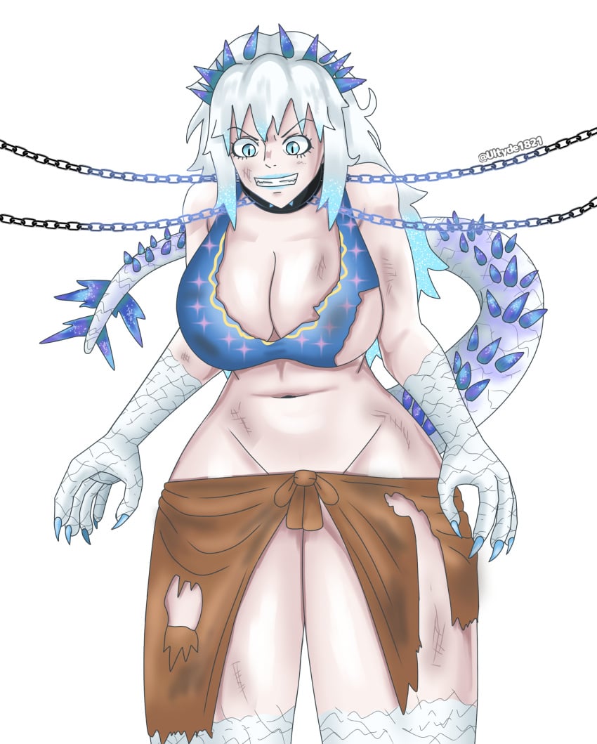 big_ass big_breasts big_butt big_thighs blue_eyes blue_hair blue_topwear brown_clothing chains godzilla_x_kong:_the_new_empire humanoid monsterverse ripped_clothing shimo_(kaiju) spikes topless topwear ultyde white_body white_hair