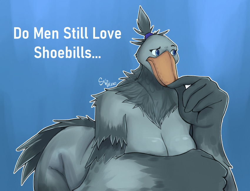 accessory anthro ass avian beak big_breasts bird blue_eyes breasts curvy_figure digital_media_(artwork) do_men_still_love_women_this_size english_text feathers female finger_in_mouth grey_body grey_feathers hair_accessory hair_tie hi_res looking_away meme nude pelecaniform pondering seb_valenz sheila_(seb_valenz) shoebill simple_background slightly_chubby slightly_chubby_female solo tail tail_feathers text voluptuous wings