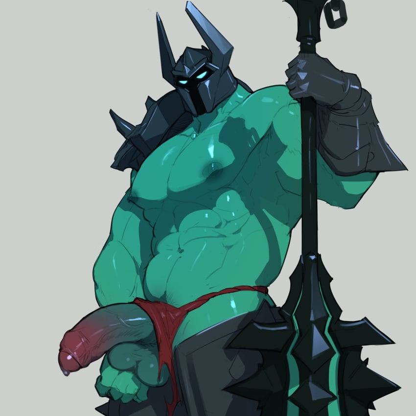 1boy balls bara big_balls big_pecs big_penis bulge dendryte_axxon erection green_body green_skin helmet horned_helmet league_of_legends loincloth loincloth_aside male male_focus male_nipples male_only mordekaiser muscular_male nipples nude penis precum precum_drip riot_games solo_male