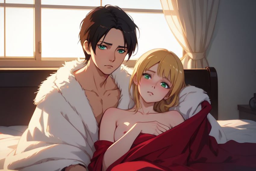 1boy 1boy1girl ai_generated attack_on_titan barely_visible_nipples bed bedframe bedroom blanket blonde_hair blue_eyes cold collarbone cozy dark_brown_hair erehisu eren_jaeger female fur_blanket green_eyes historia_reiss illustration nipple_slip nipples nude_female nude_male red_blanket sharing_bed shingeki_no_kyojin staring_at_viewer window wrapped_up