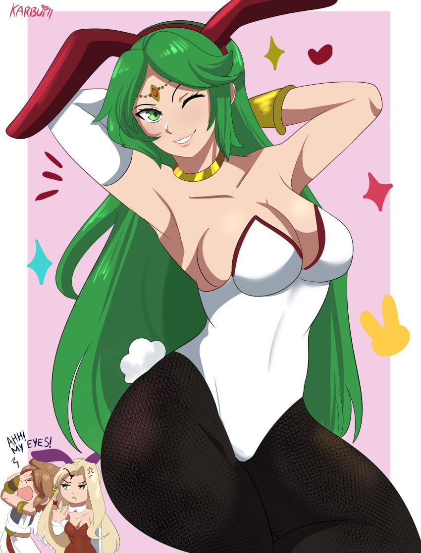 1boy 2girls absurd_res arms_behind_head blonde_hair brown_hair bunny_ears bunny_tail bunnysuit characters_in_the_background female green_eyes green_hair karbuitt kid_icarus kid_icarus_uprising long_hair looking_at_viewer male nintendo palutena pantyhose pit_(kid_icarus) smiling smiling_at_viewer thick_thighs viridi wink winking_at_viewer