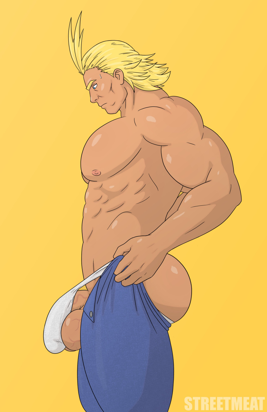 1boy all_might ass balls bara big_balls big_bulge big_penis blonde_hair bulge bulge_through_clothing clothing huge_bulge male male_focus male_nipples male_only muscular_male my_hero_academia nipples penis penis_outline solo_male streetmeat tight_clothing tight_pants_(meme) toshinori_yagi underwear