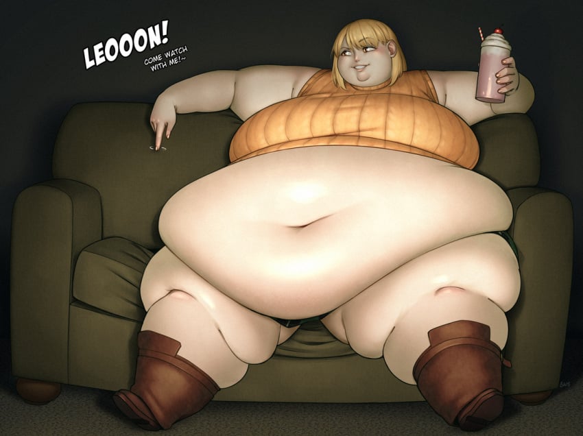 ashley_graham ashley_graham_(brooke_elizabeth_mathieson) better_with_salt big_belly boots clothes_barely_covering fat_legs obese obese_female resident_evil resident_evil_4 sofa