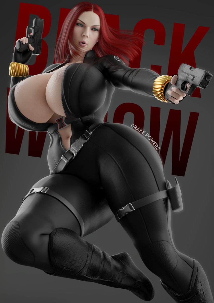 3d belt big_breasts big_butt black_widow_(marvel) blender bodysuit breasts_bigger_than_head clothed drakepowers gradient_background gun huge_breasts marvel marvel_cinematic_universe natasha_romanoff red_hair scarlett_johansson solo superheroine text watermark