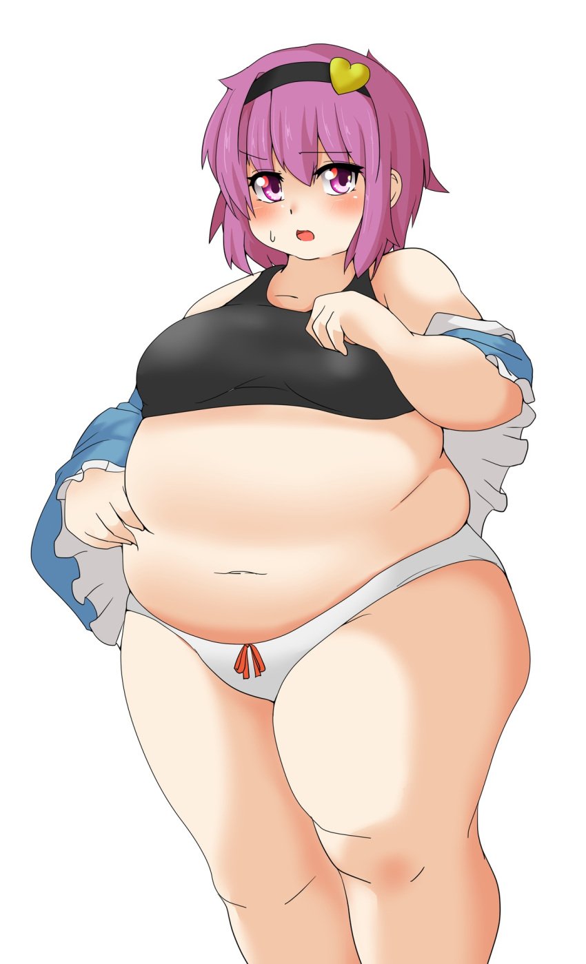 bbw belly_overhang big_belly big_female black_bra blush bra chubby chubby_female embarrassed fat fat_ass fat_female fat_fetish fat_girl fat_woman fatty large_female nerizou obese obese_female overweight overweight_female panties pig pink_hair plump pork_chop satori_komeiji thick_thighs touhou tubby weight_gain white_panties