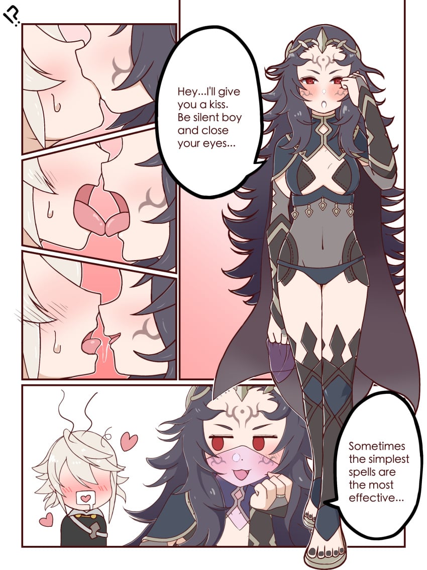 1boy 1girls absurdres amagumo1023 black_nails blue_panties blush bodystocking cape come_hither comic commission corrin_(fire_emblem) corrin_(male)_(fire_emblem) facial_mark female fire_emblem fire_emblem_fates forehead_mark french_kiss heart highres kissing long_hair male messy_hair mouth_veil nail_polish nintendo nyx_(fire_emblem) panties red_eyes see-through straight text tiara toeless_legwear toenail_polish toenails toes two-tone_legwear underwear veil very_long_hair