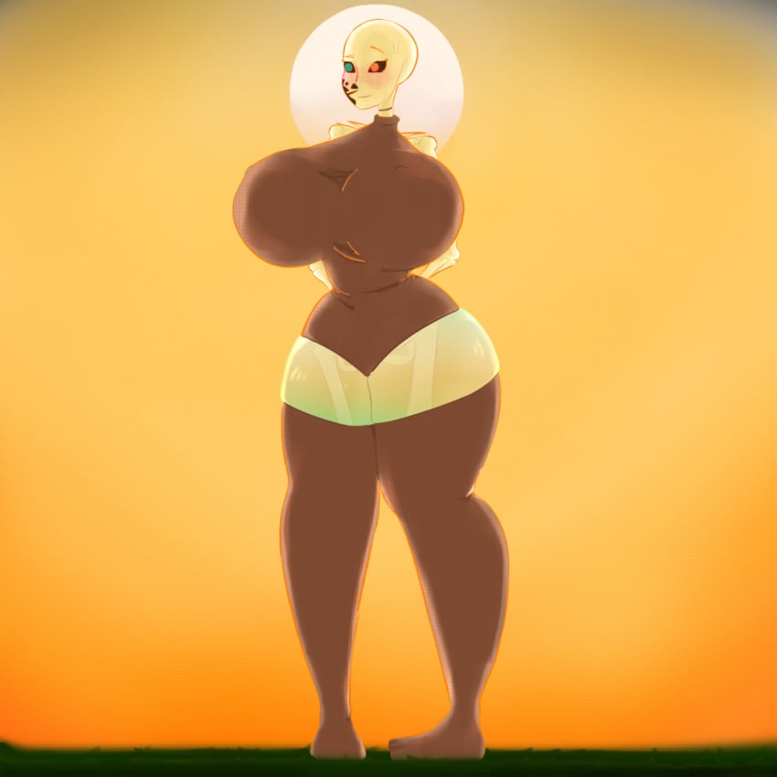 bald big_breasts big_thighs blue_eyes blushing fanmade female h4ppe_(artist) ink_sans_(fan_character) paint_on_body red_eyes rule_63 sans sunset sweatdrop thigh_socks undertale undertale_(series)