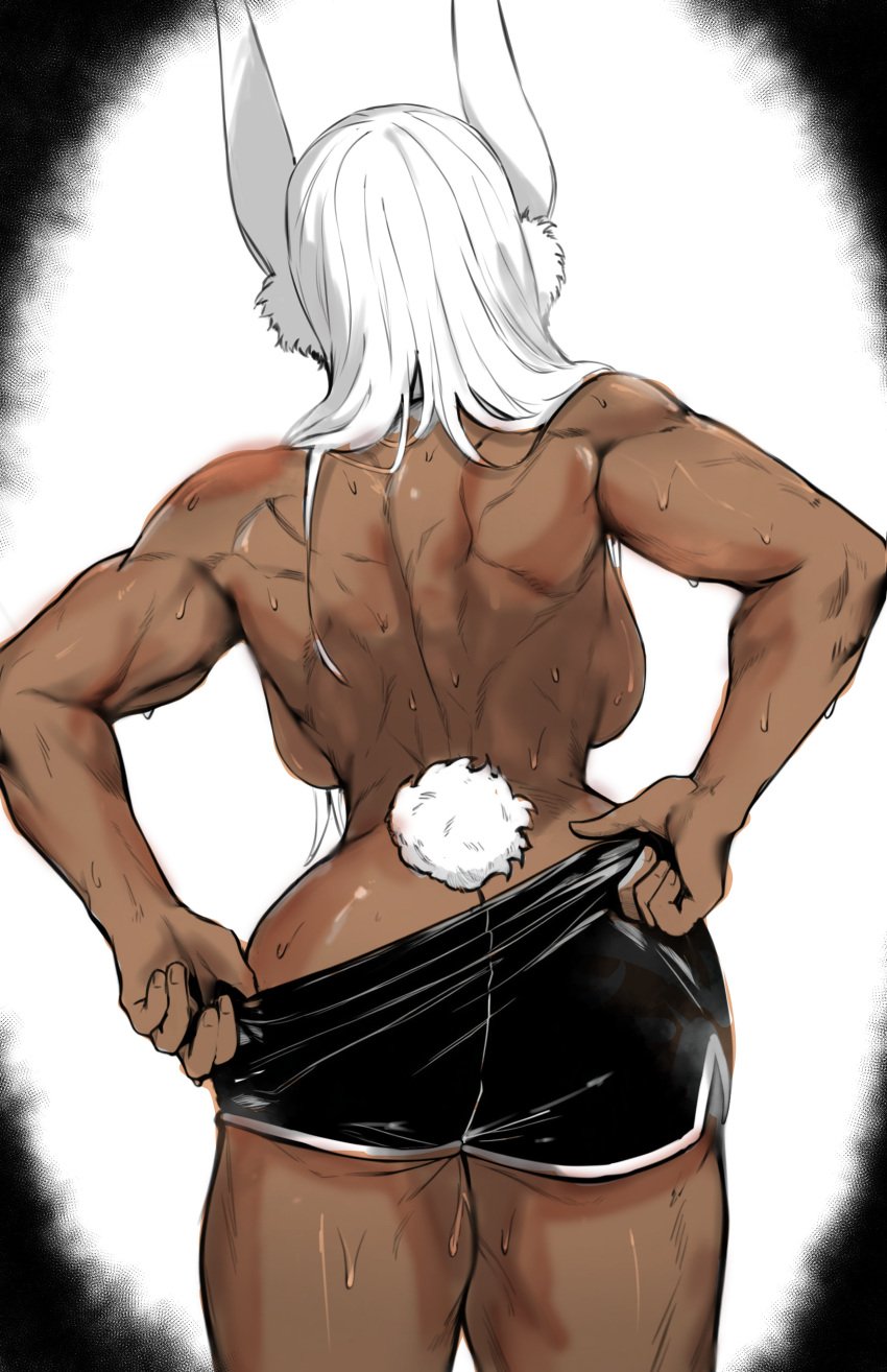 1girls absurd_res animal_ears ass ass_focus back back_view backboob bare_shoulders big_breasts boku_no_hero_academia breasts bunny_ears bunny_tail clothing color color_edit curvy dark-skinned_female dark_skin faceless_female female female_focus female_only hips human large_breasts long_hair masoq095 miruko muscular muscular_female my_hero_academia pinup pulling_up_shorts revealing_clothes rumi_usagiyama shorts simple_background skimpy solo solo_female steam struggling_to_fit sweat sweatdrop tail thick_thighs thighs topless voluptuous wide_hips