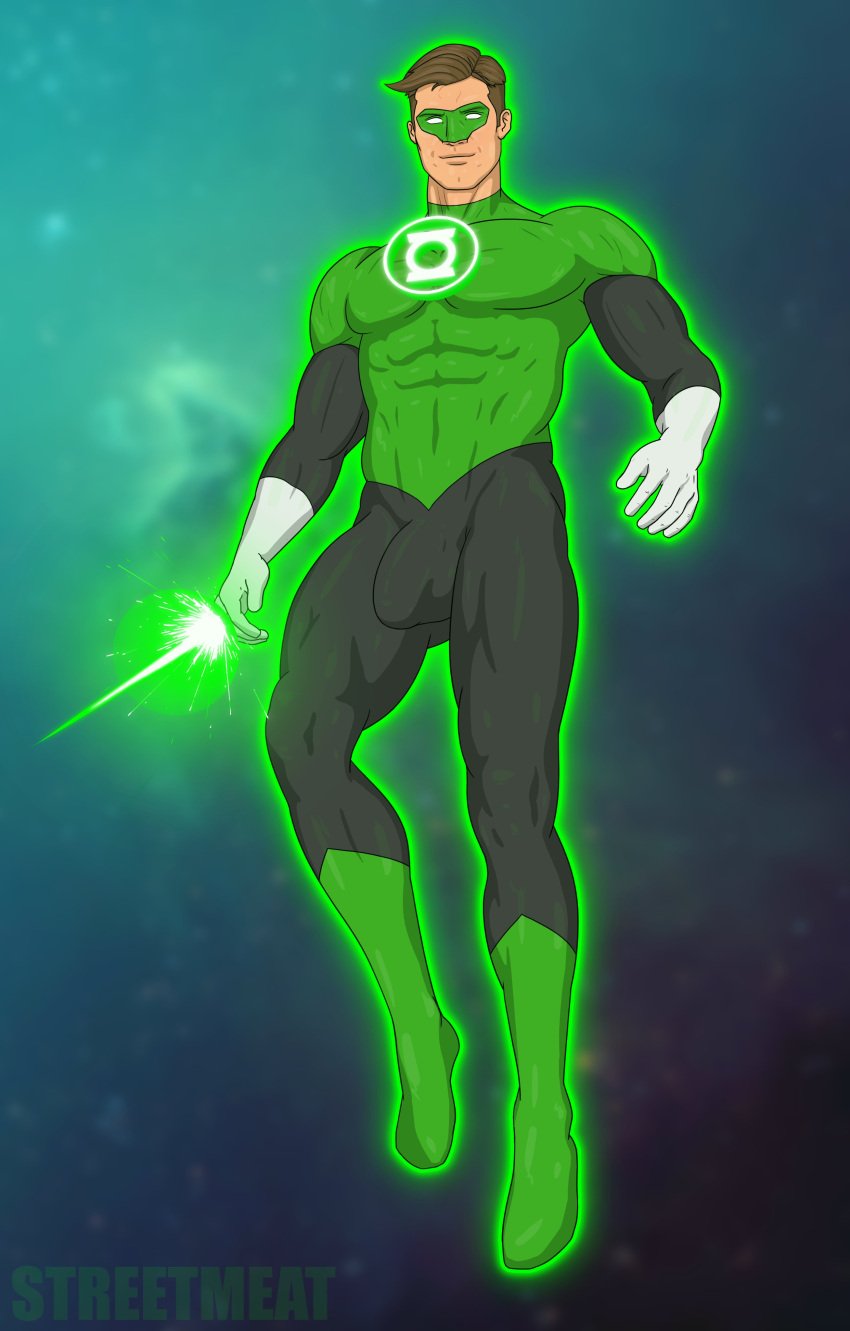 1boy bara brown_hair bulge clothing dc dc_comics green_lantern green_lantern_(series) hal_jordan male male_focus male_only muscular_male penis_outline power_ring ring solo_male streetmeat tight_clothing