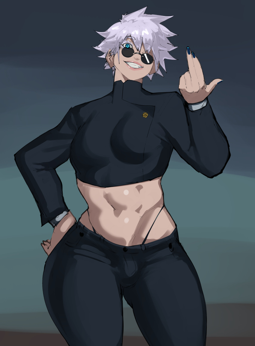 1boy abs axred7 big_breasts black_nails blue_eyes bulge curvy femboy glasses grin highleg jujutsu_kaisen lipstick male male_only no_text_version rule_63 satoru_gojo short_hair smile solo white_hair